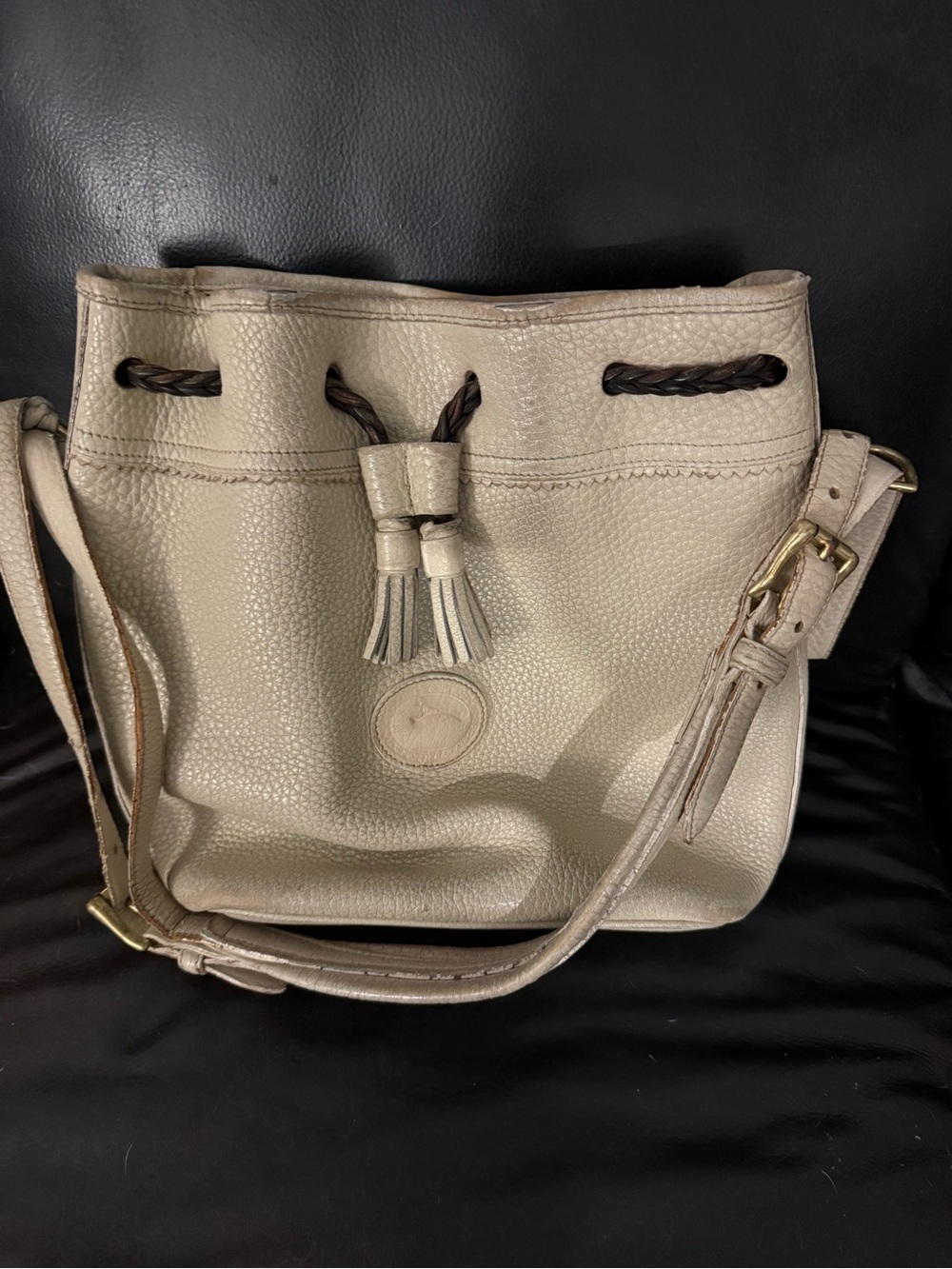 Vintage Bone Dooney and Bourke with Leather Tassel Drawstring Crossbody Bag